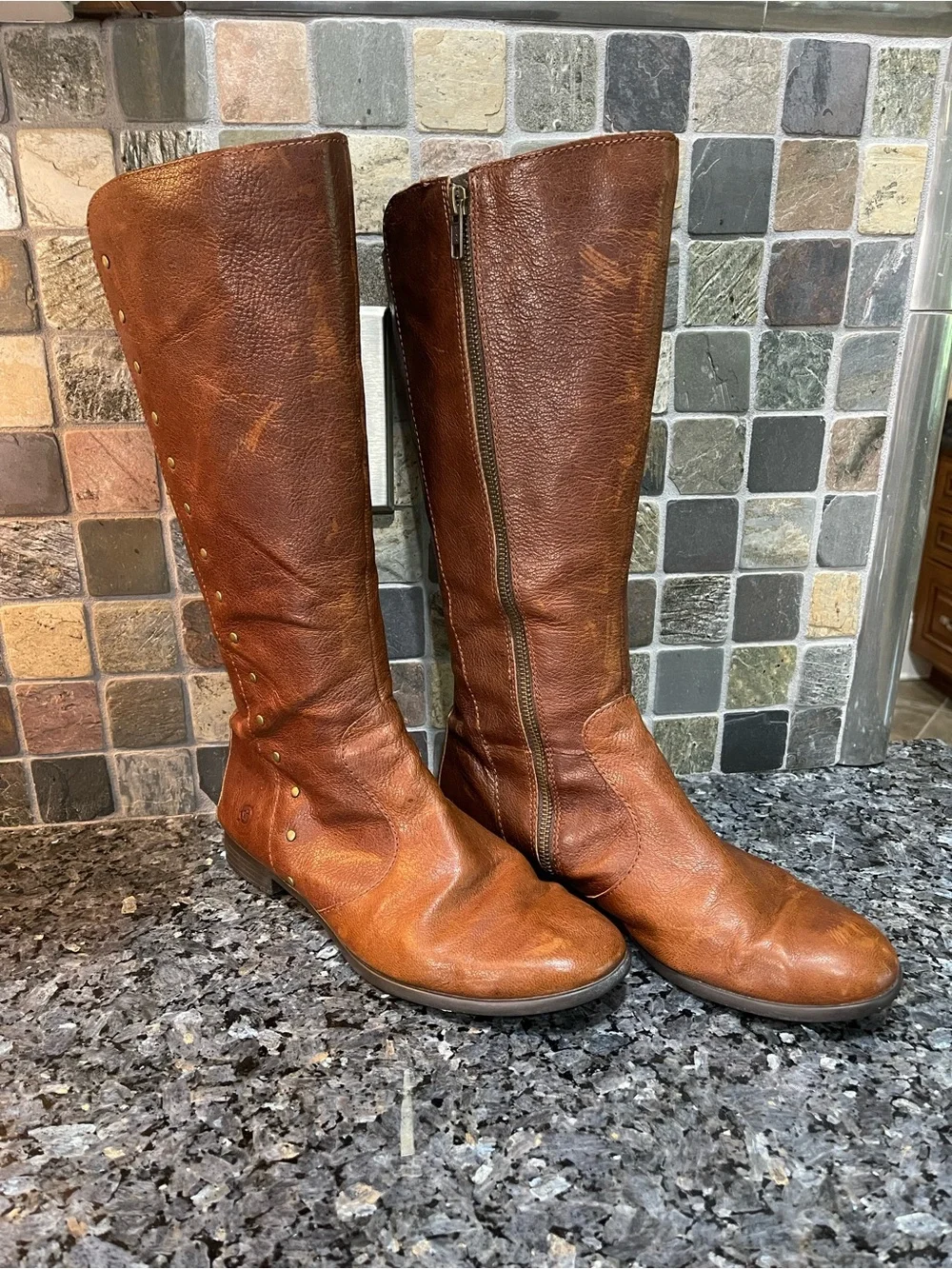 Born Amila Brown Leather Riding Boots with Stud Detail Size 9.5